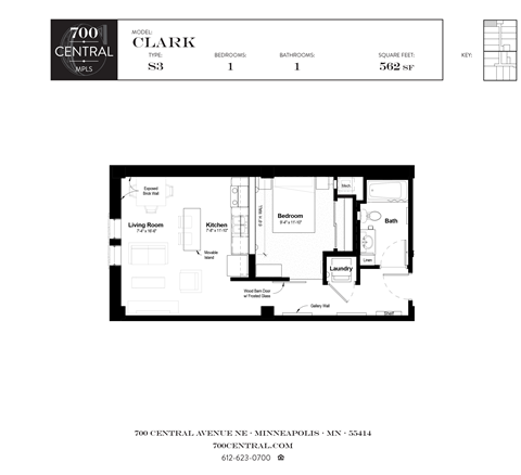 Floor plan for studio, 1 bath, 562 sqft